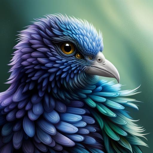 Cute Blue Bird with Fractal Flowers in Pixel Art