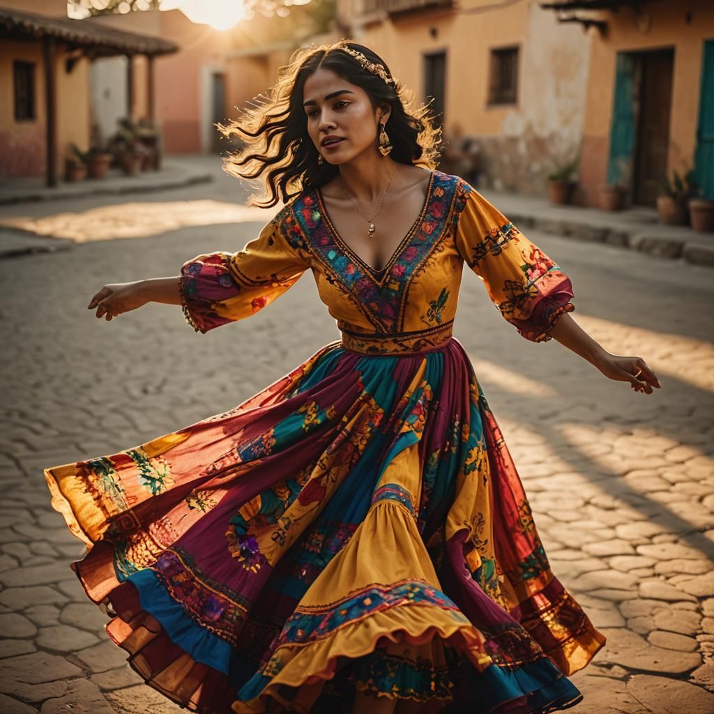 Mexican Woman Dancing at Sunset: Cinematic Film Still