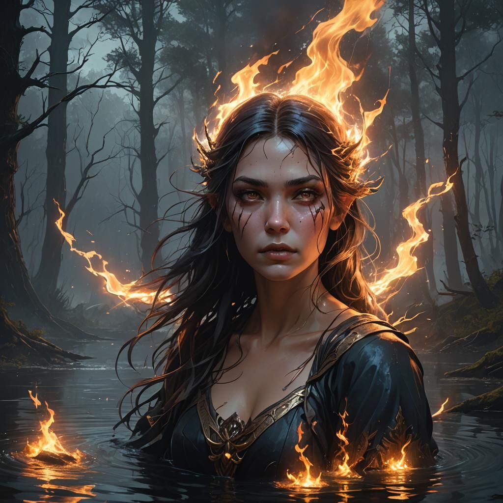Eerie Lake: Witch Lit Fire, Lightning Strikes, Digital Art