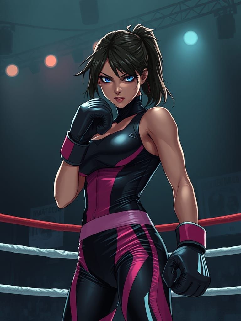 Woman Boxer in Ring, Futuristic Anime Style