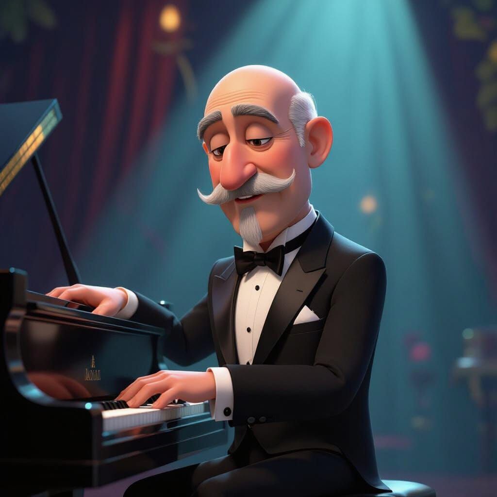 Pixar-Style Old Man Playing Piano on Stage