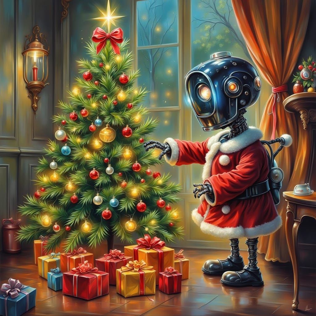 Cute Robot Santa Delivers Presents Under Christmas Tree