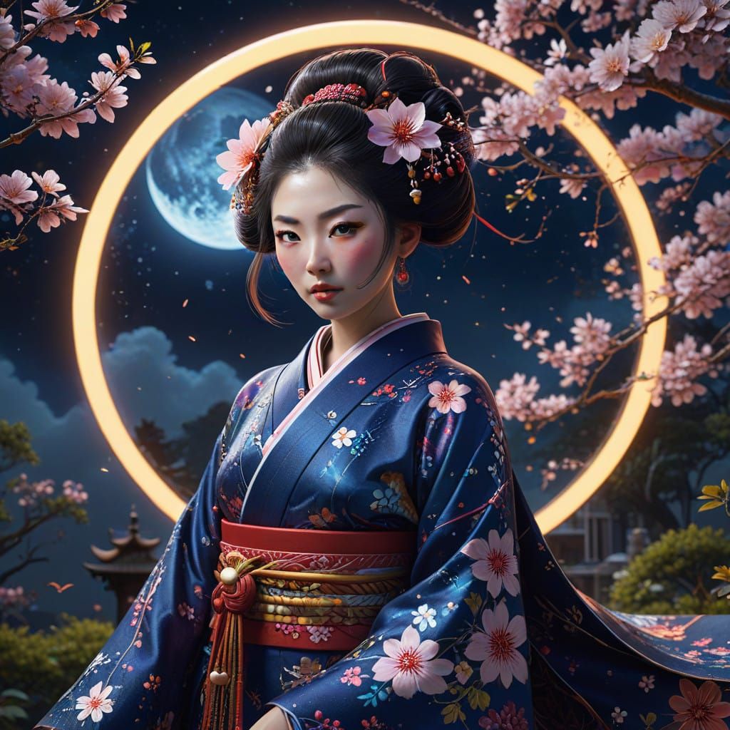 Dreamlike Geisha in Fantastical Cherry Blossom Landscape