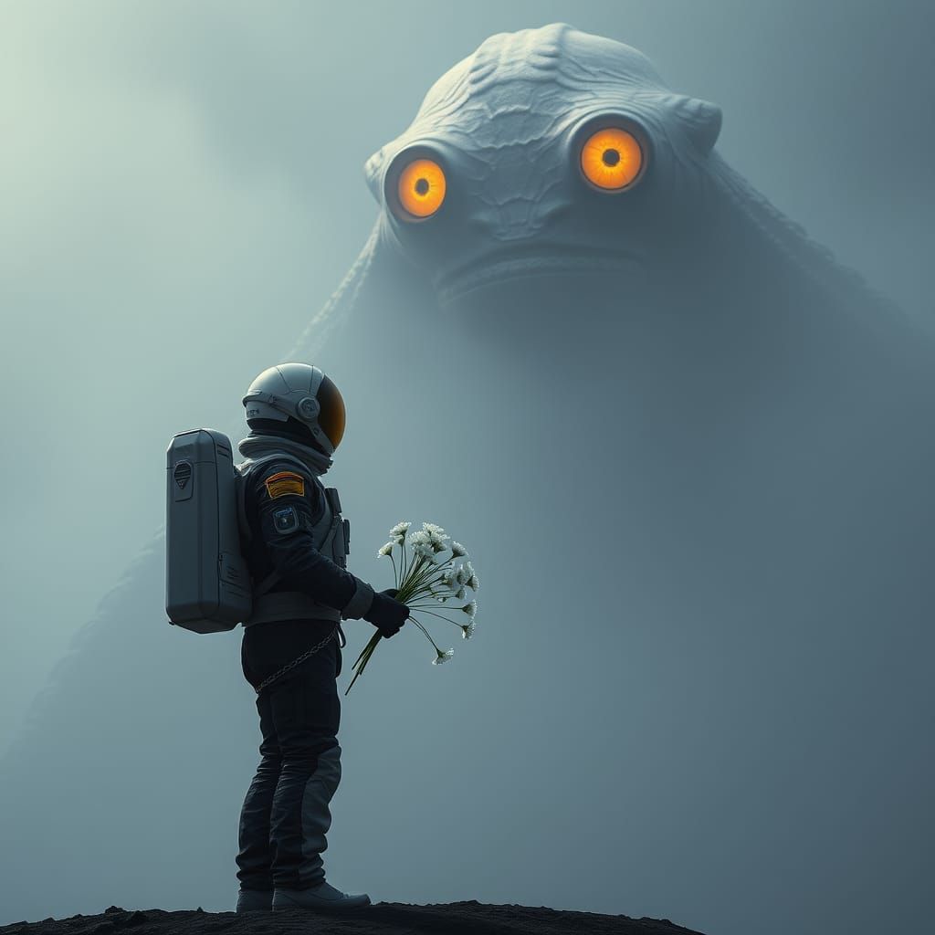 Astronaut Faces Alien in Mysterious, Misty Landscape