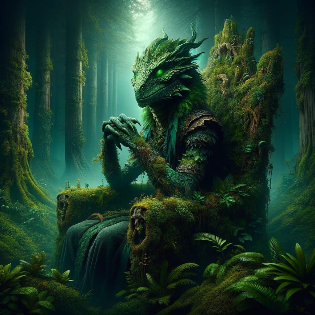 Lizard-Man Sorcerer on Woodland Throne: Dark Fantasy