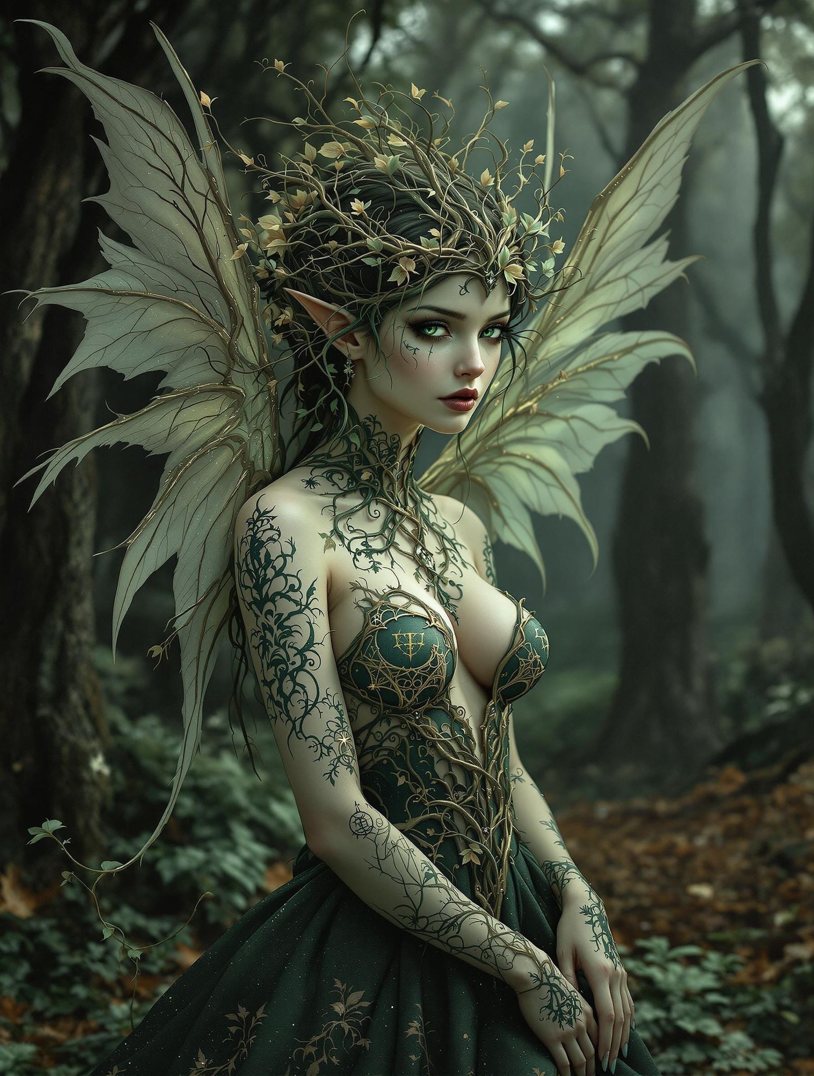 Sorrowful Fae Weaver in Ethereal Chiaroscuro