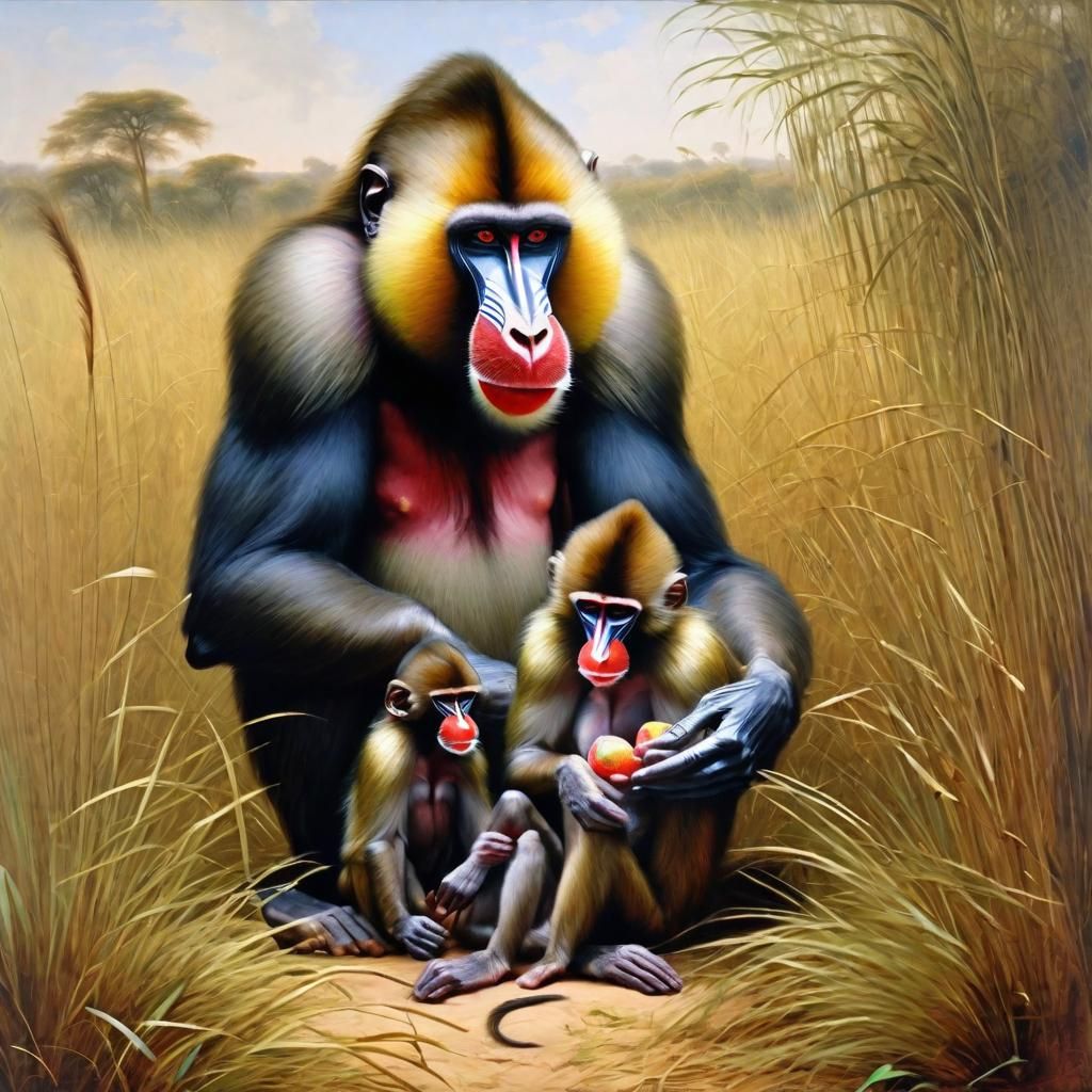 Mandrill Family in Savannah, Detailed Animal Painting