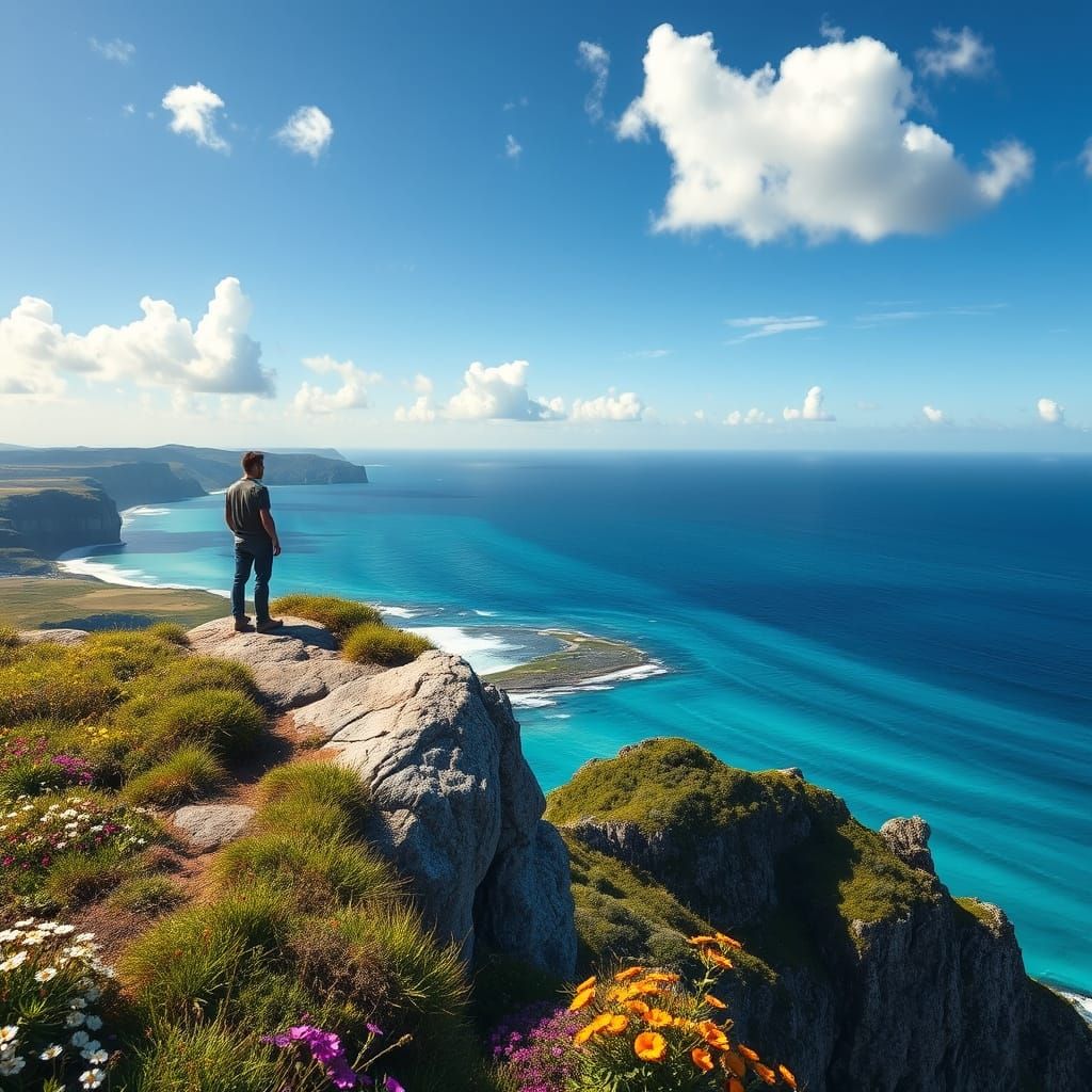 Man on Cliff Edge Gazing Out at Turquoise Sea in Vibrant Spr...