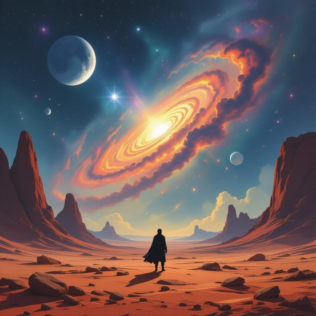 Alien Planet Figure Gazes at Cosmic Nebula