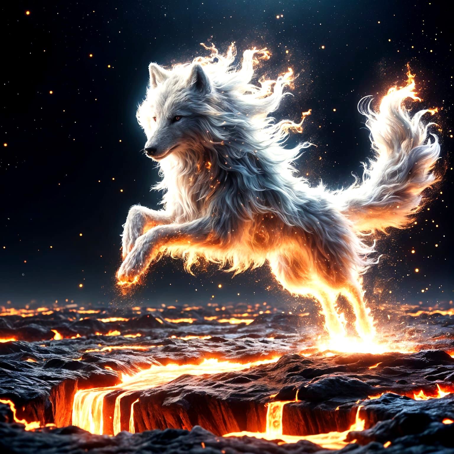 Fiery White Wolf Leaping Through Lava, Digital Art