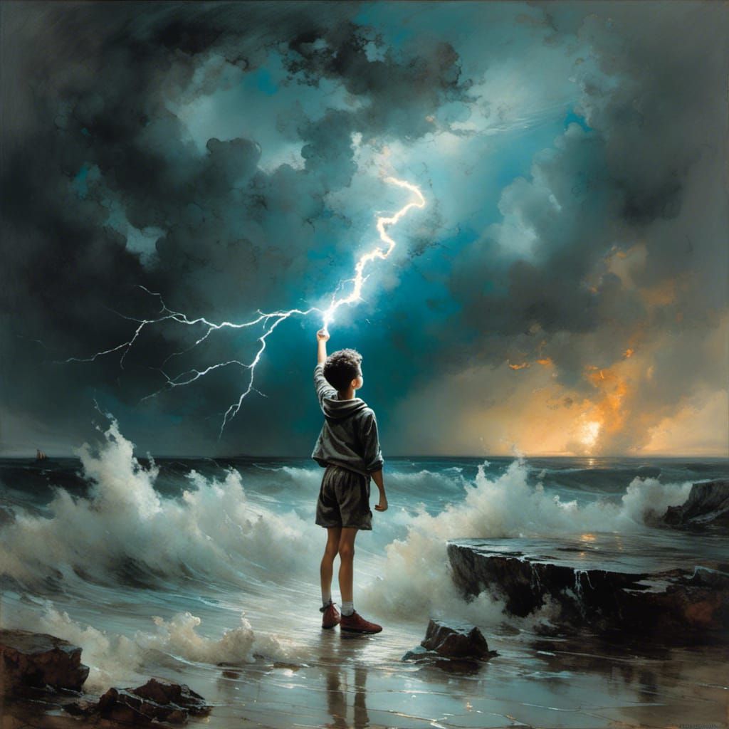 Boy with Lightning Bolt on Stormy Sea