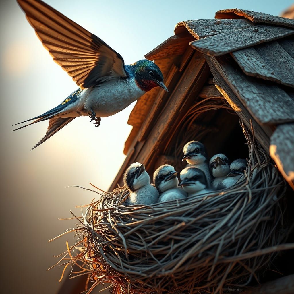 Majestic Swallow Returns to Nest in Golden-Hour Lighting