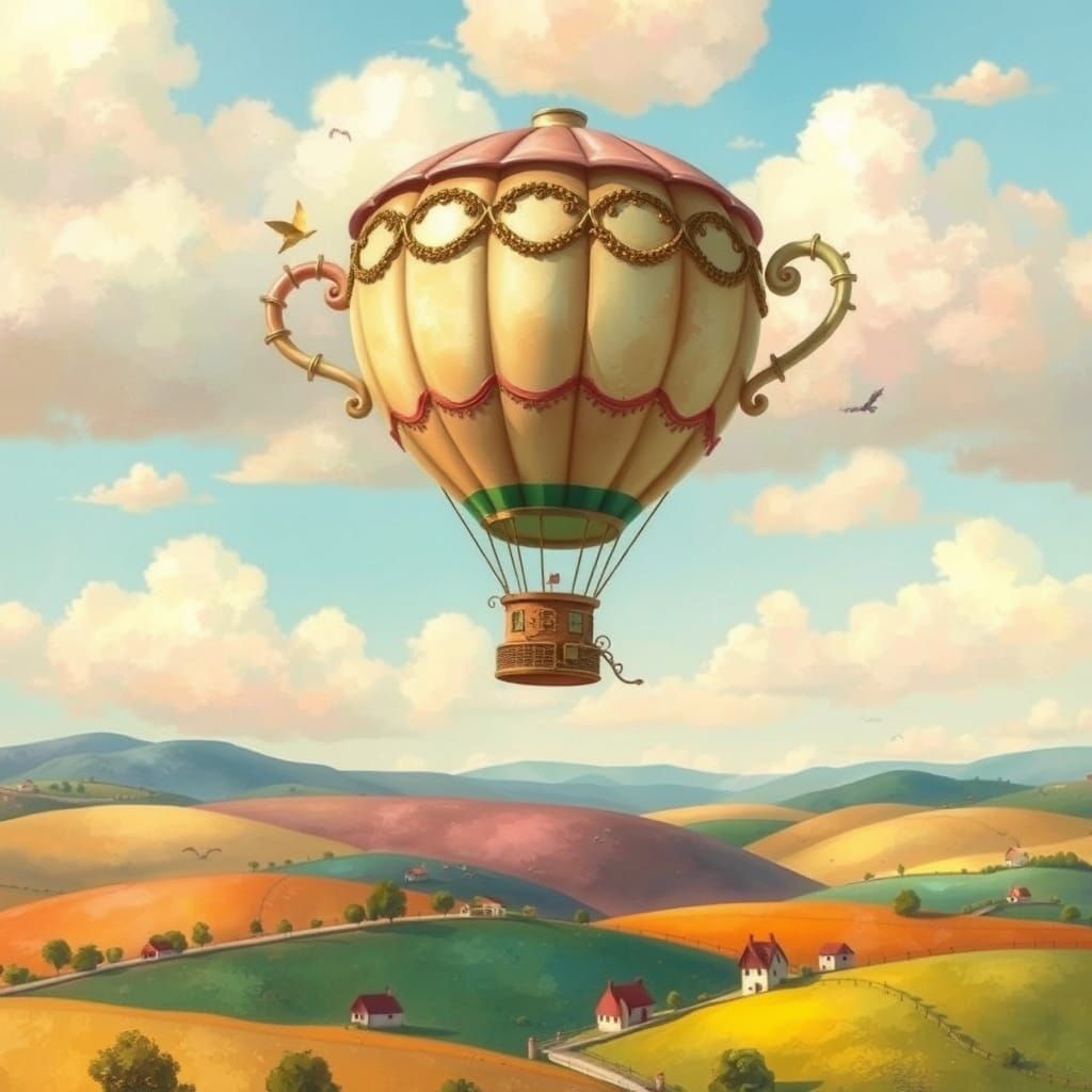 Vintage Teacup Hot Air Balloon Above Candy Clouds