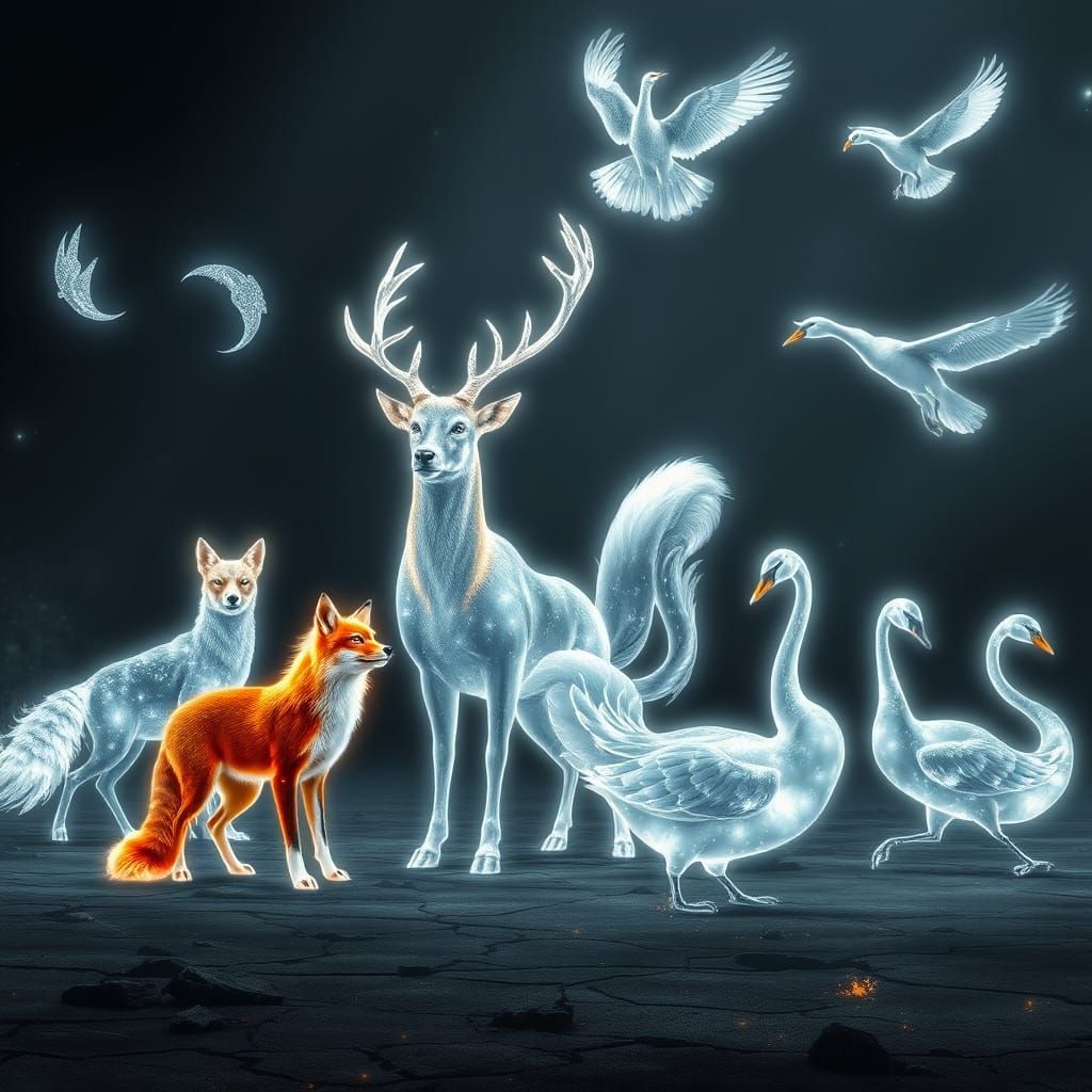 Luminous Patronus Animals in a Desolate Landscape