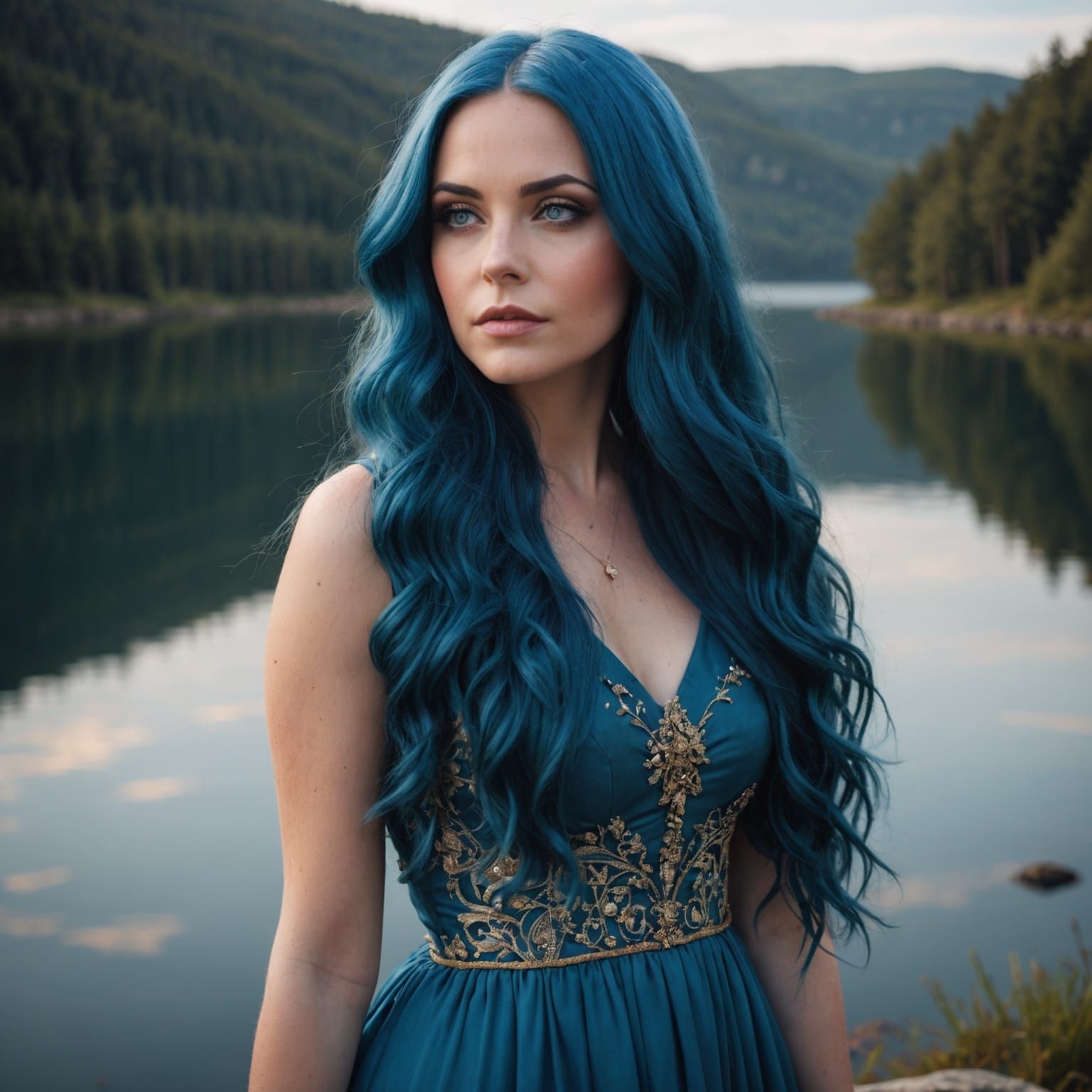 Lakeside Woman with Blue Hair in Stunning Dress