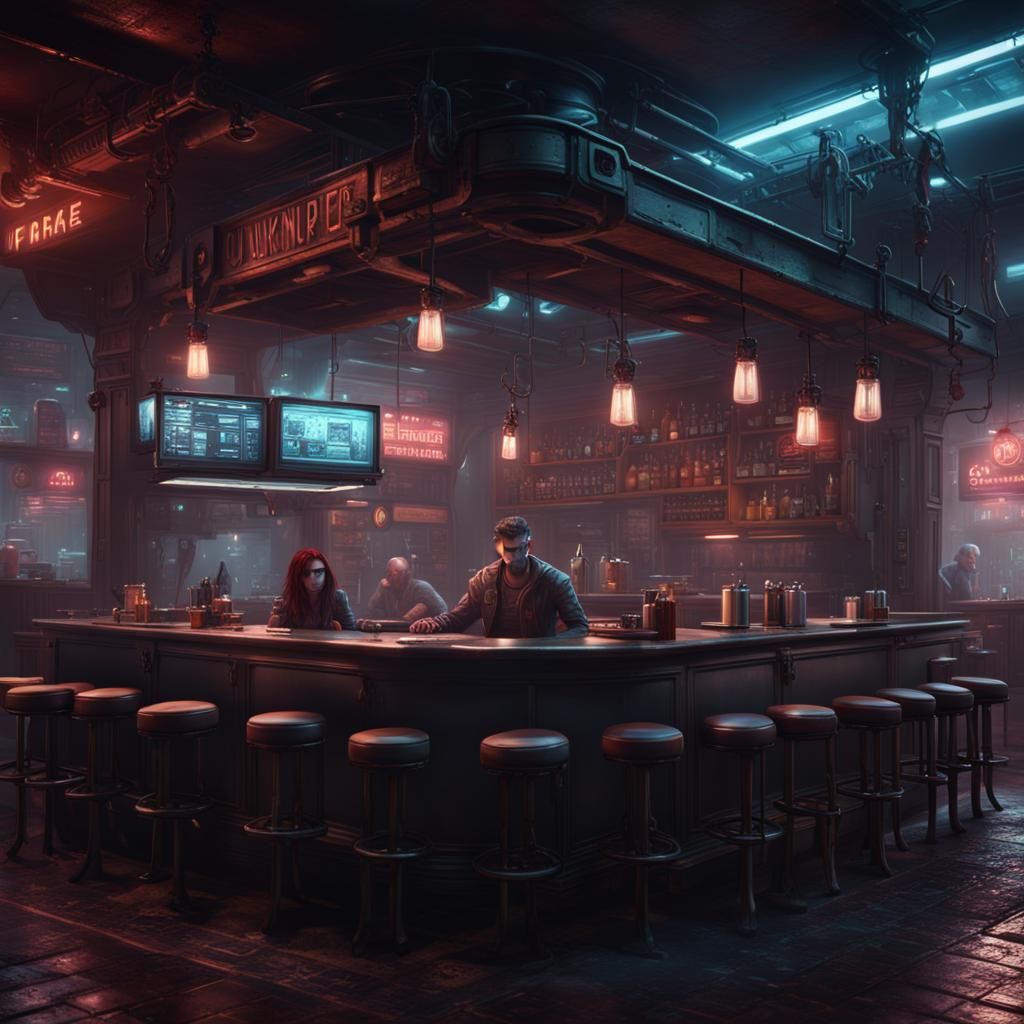 Dark Cyberpunk Cafe with Junkie in Detailed Painting