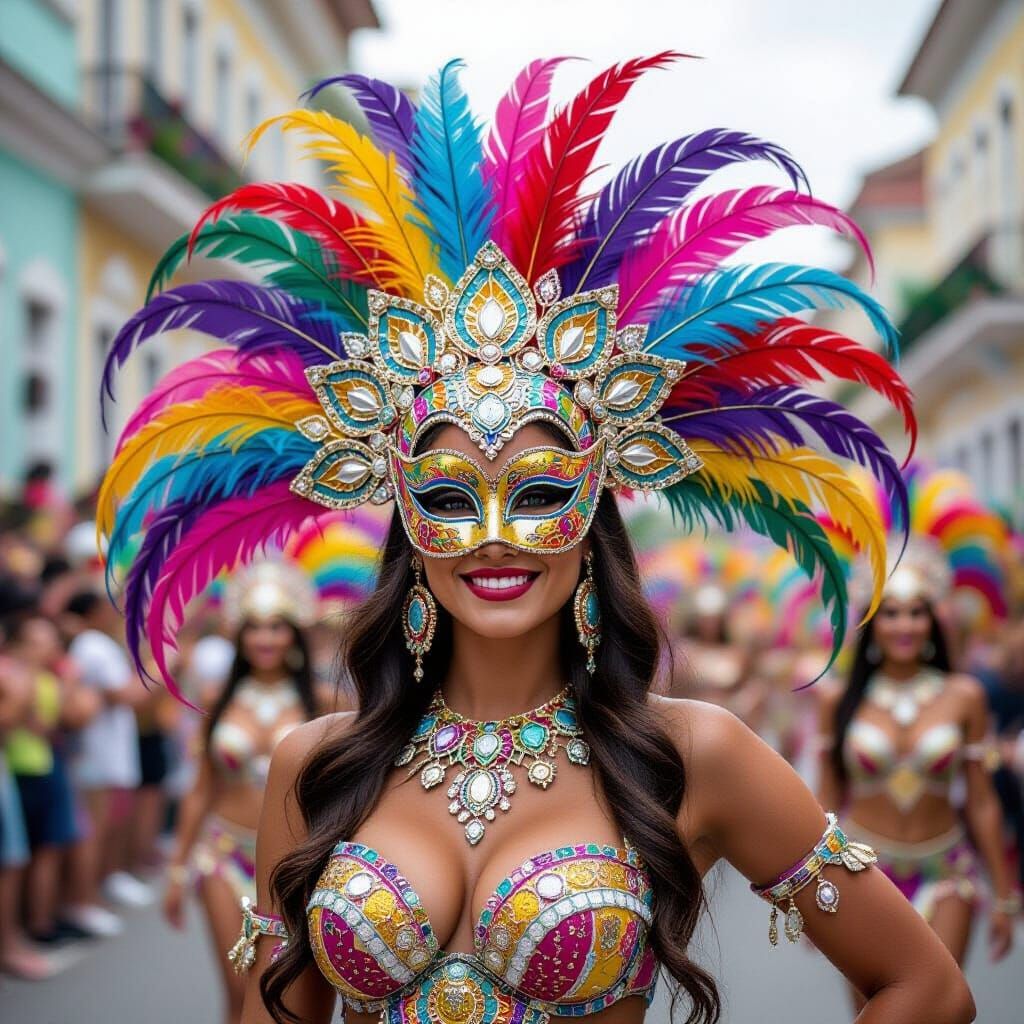 Woman in Feathered Mask at Rio Parade
