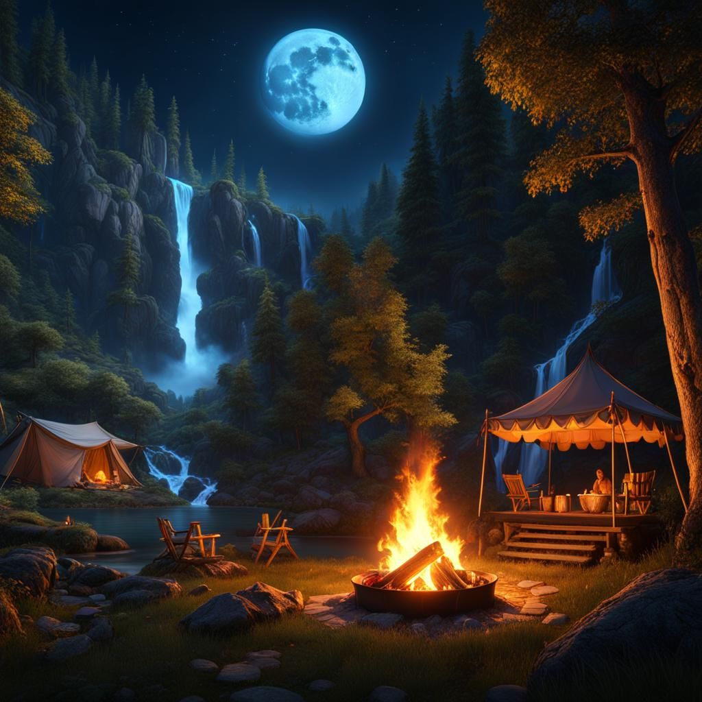 Night Campfire Scene with Waterfall in Fantasy Art