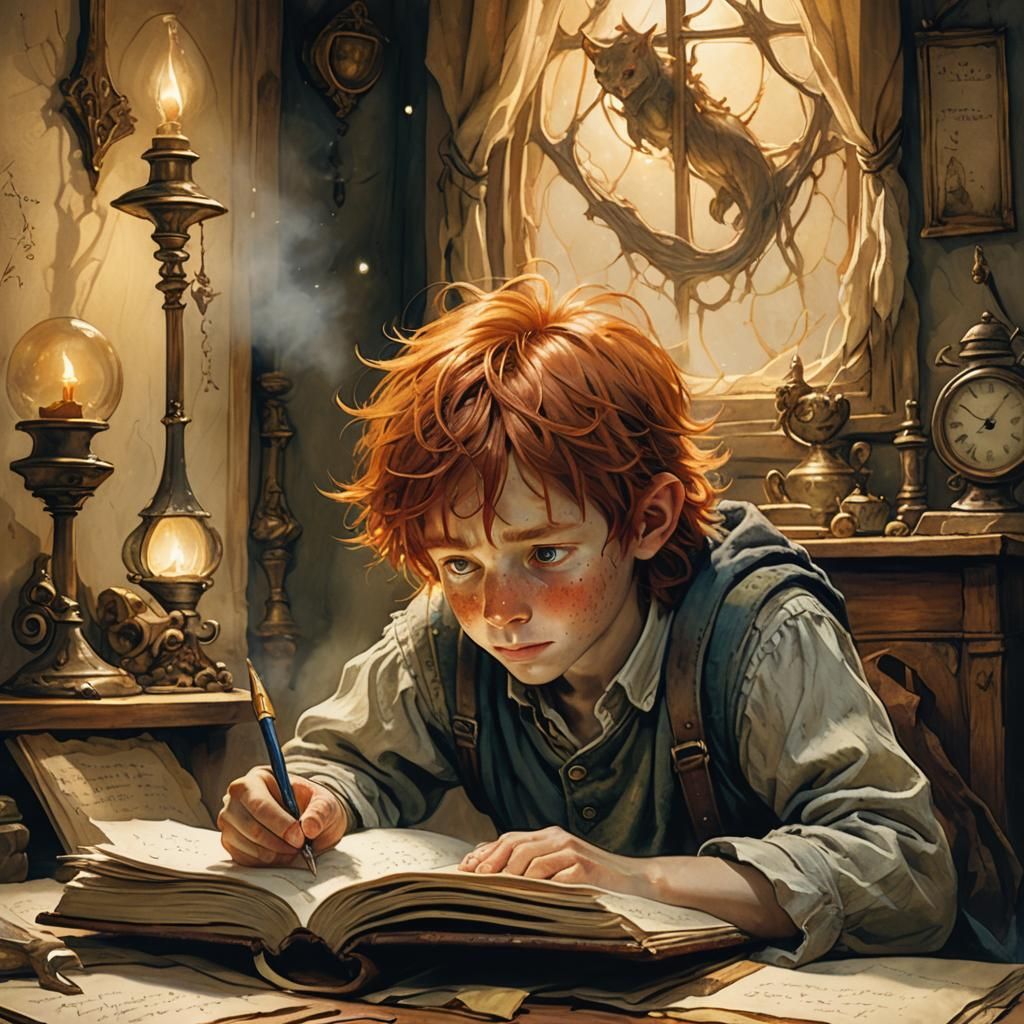 Crying Boy Writing in Diary: Fantasy Illustration