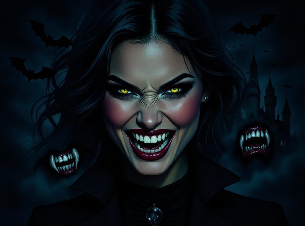 Vampire Double Exposure Portrait with Castle in Watercolor S...