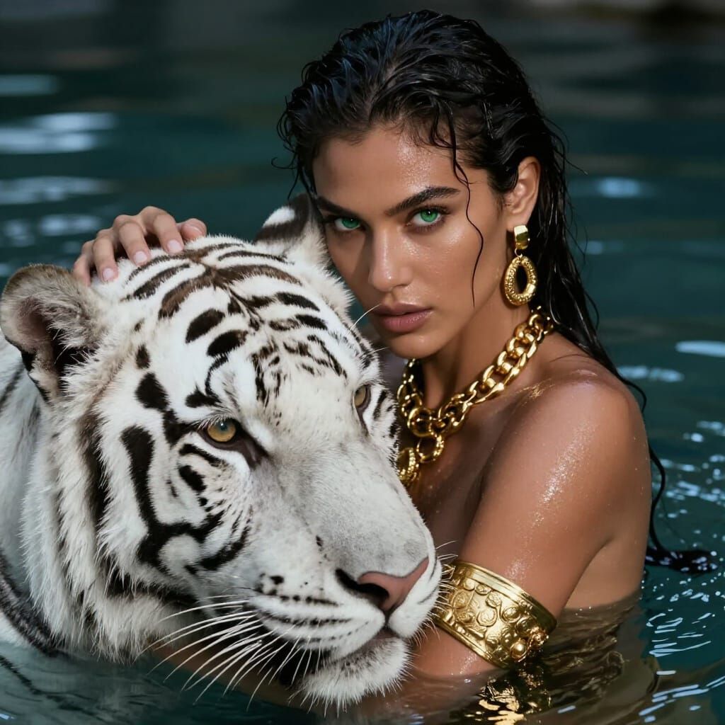 Woman and Tiger Fashion Portrait in Teal and Gold