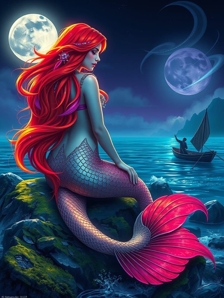 Cyber Mermaid with Neon Aura, Digital Art