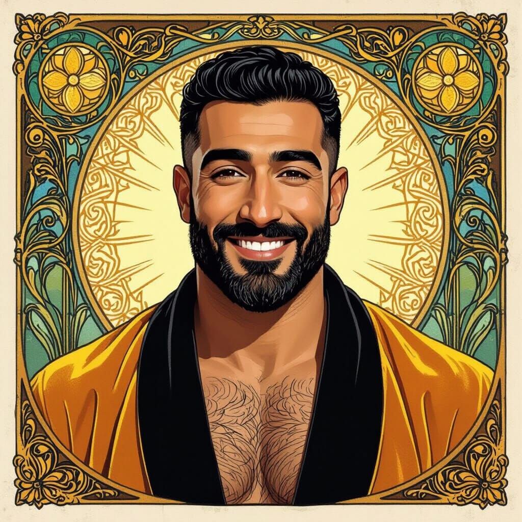 Divine 66-Year-Old Hero in Art Nouveau Oil Painting