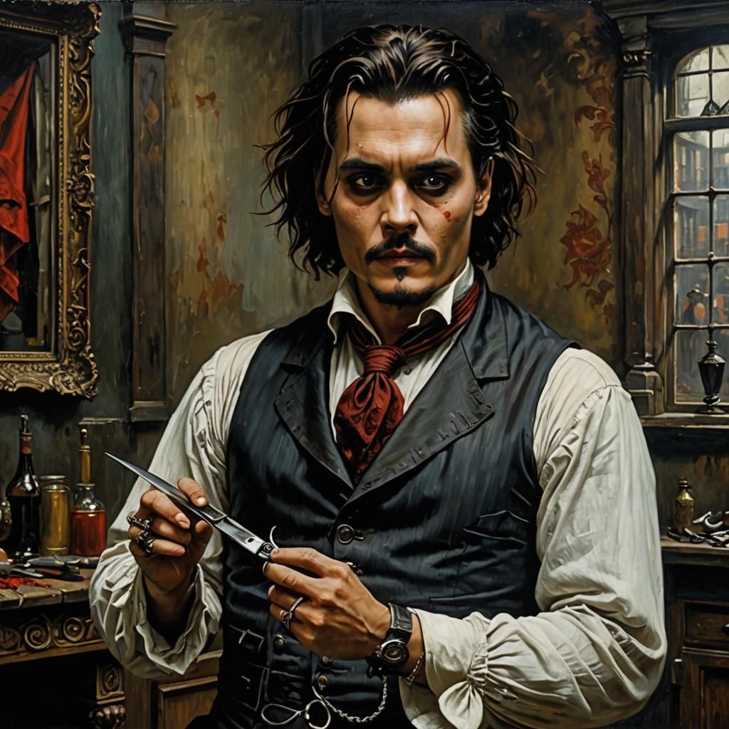 (((Johnny Depp as Sweeney Todd))) (((holding scissor))) Victorian London, macabre hyperdetailed Oil Painting, Waterhouse...