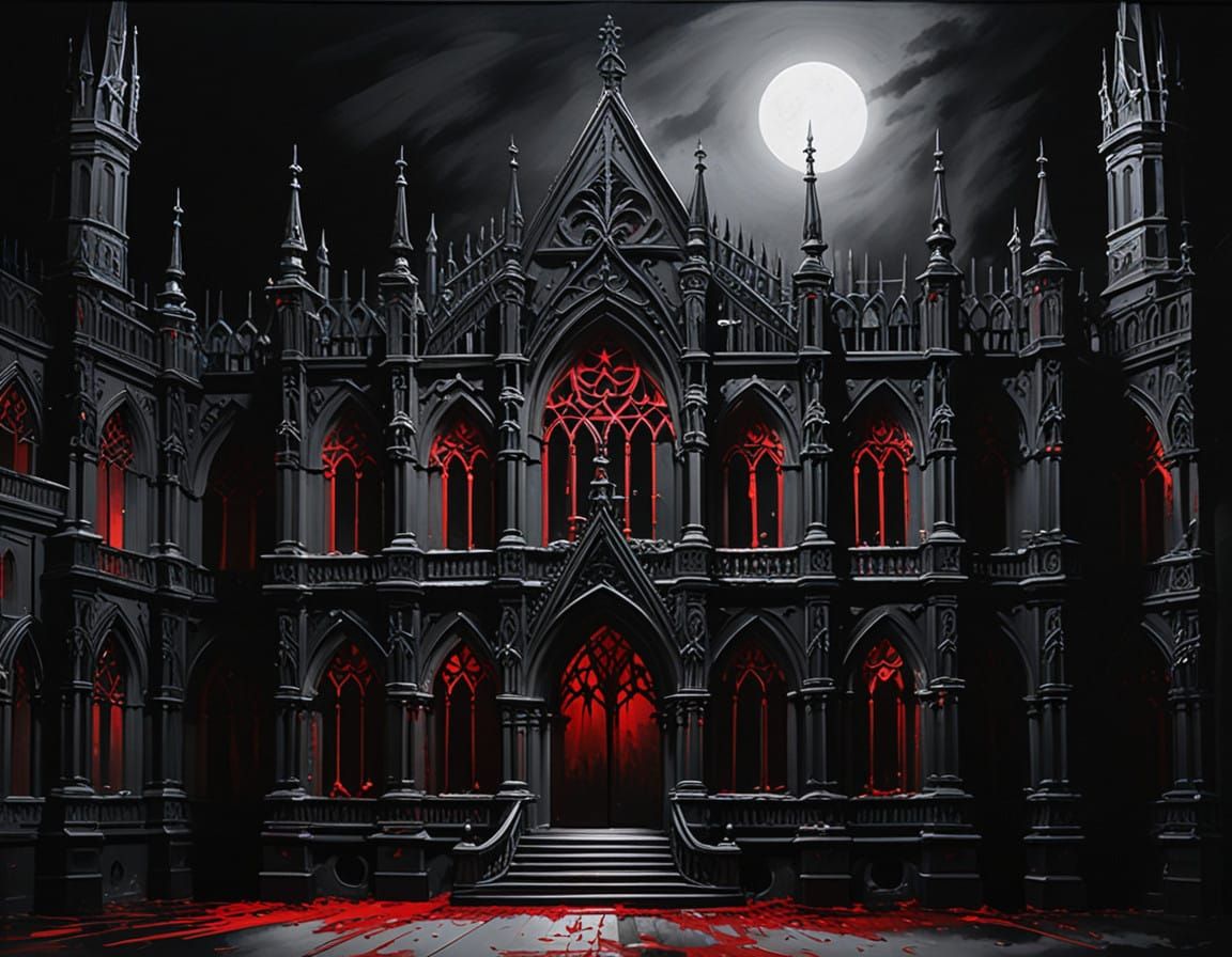 Gothic Architecture in Bloody Red, Thick Brush Strokes and S...