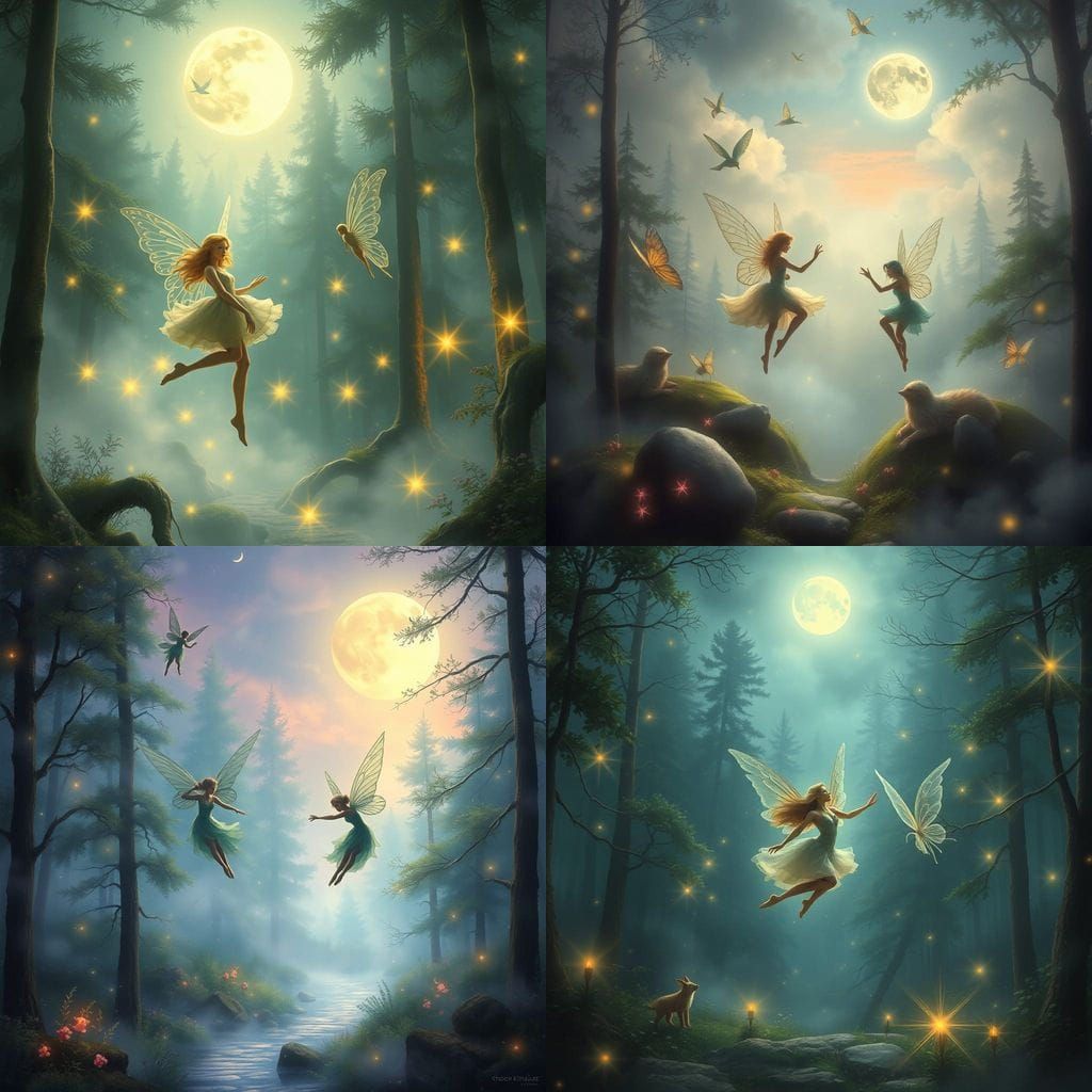 Enchanted Night in a Misty Forest, as Whimsical Fantasy Pain...