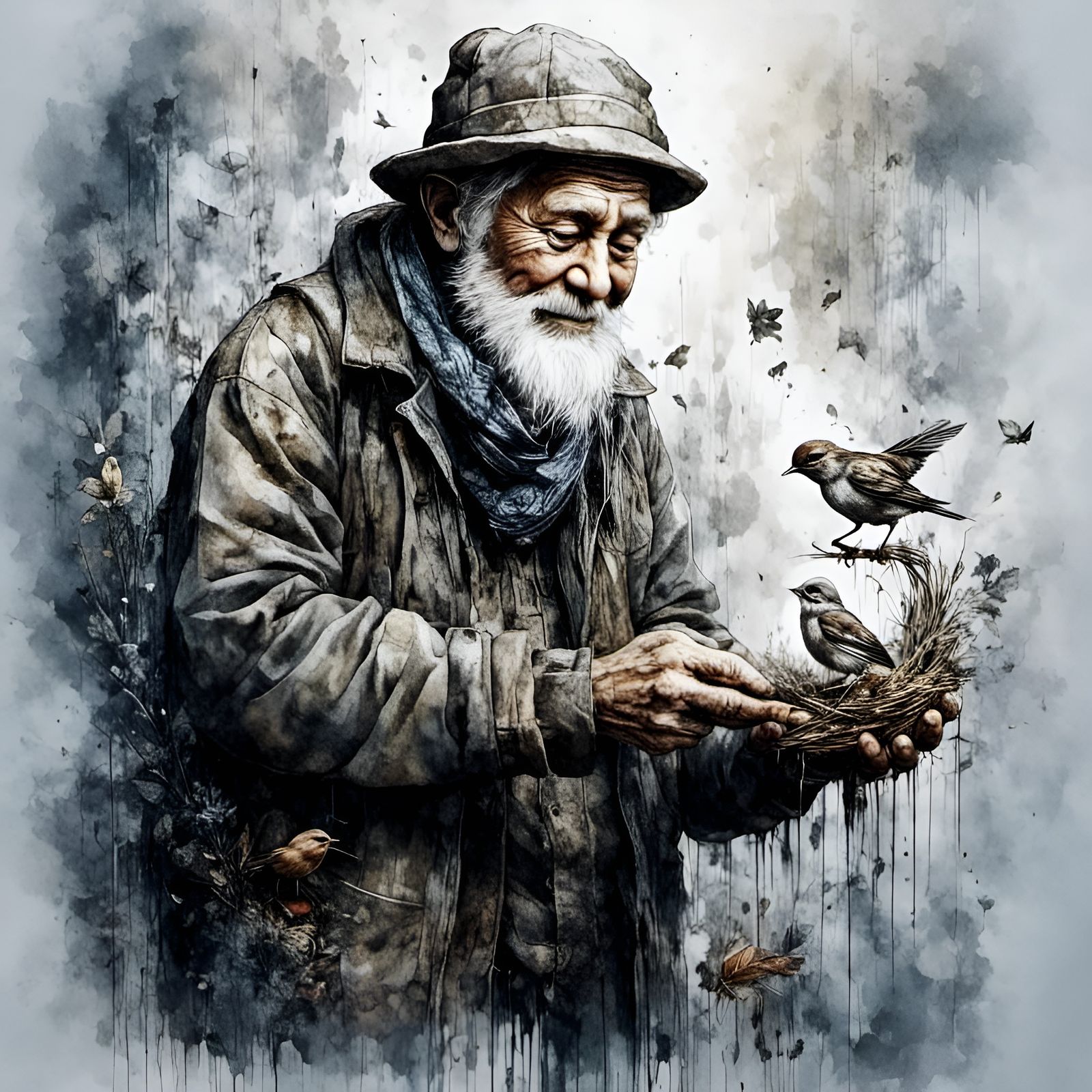 Kind Janitor Feeds Sparrow: Dark Fantasy Ink Illustration