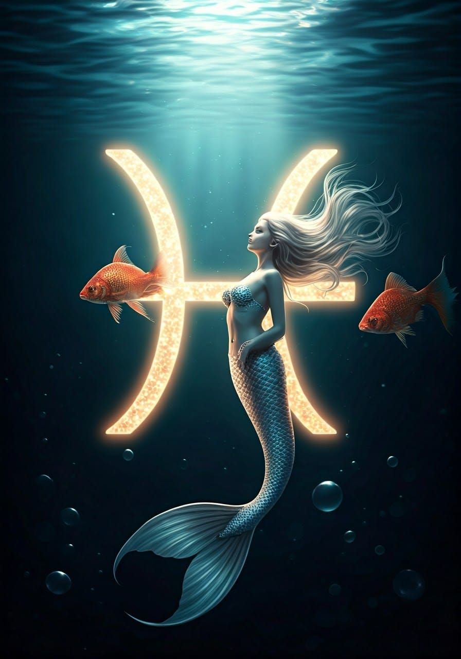 Ethereal Mermaid Gazing at Swimming Fish within a Glowing Pi...
