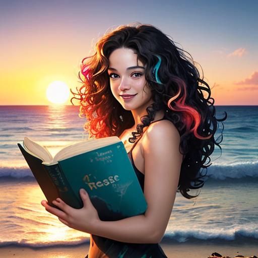 Beach Reader at Sunset: Hyperrealistic Splash Art