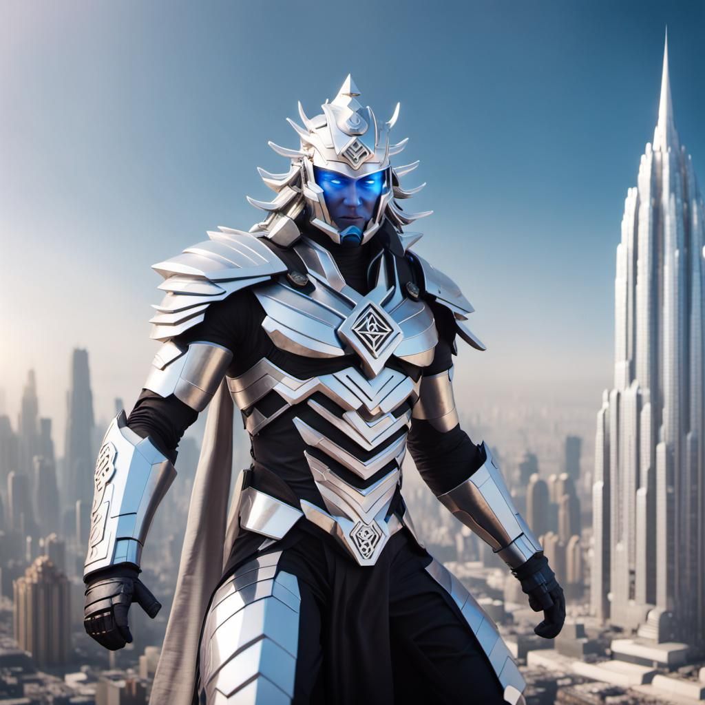 Android Warrior Over Futuristic City in Sci-Fi Style