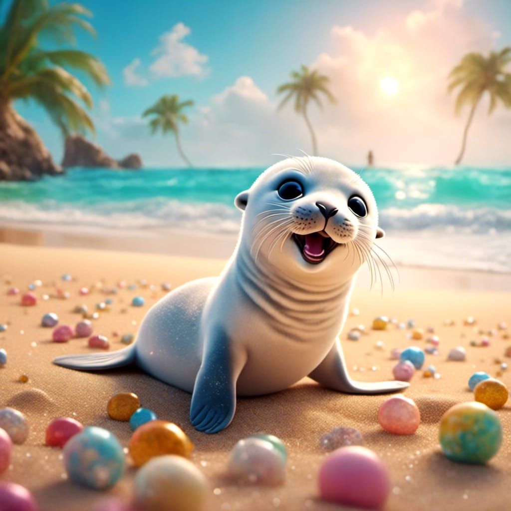 Adorable Kawaii Baby Seal on Tropical Beach