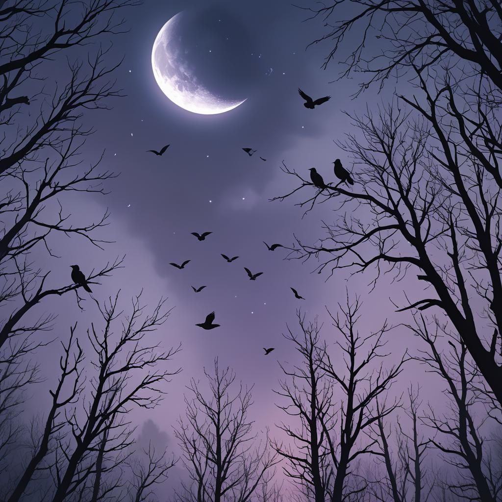 Ethereal Blackbirds in Misty Dark Fantasy Landscape