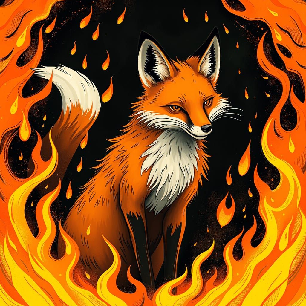 Fiery Fox Illustration in Moebius Style
