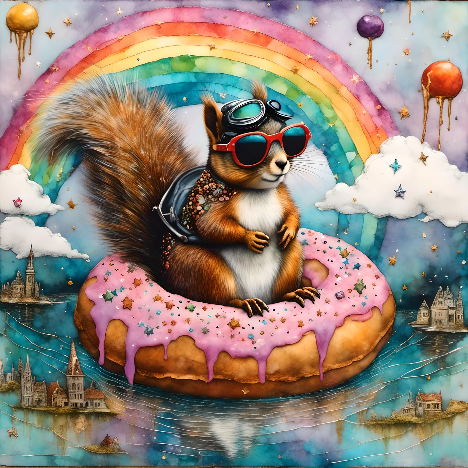 Squirrel in Sunglasses on Donut Float: Mixed Media Collage
