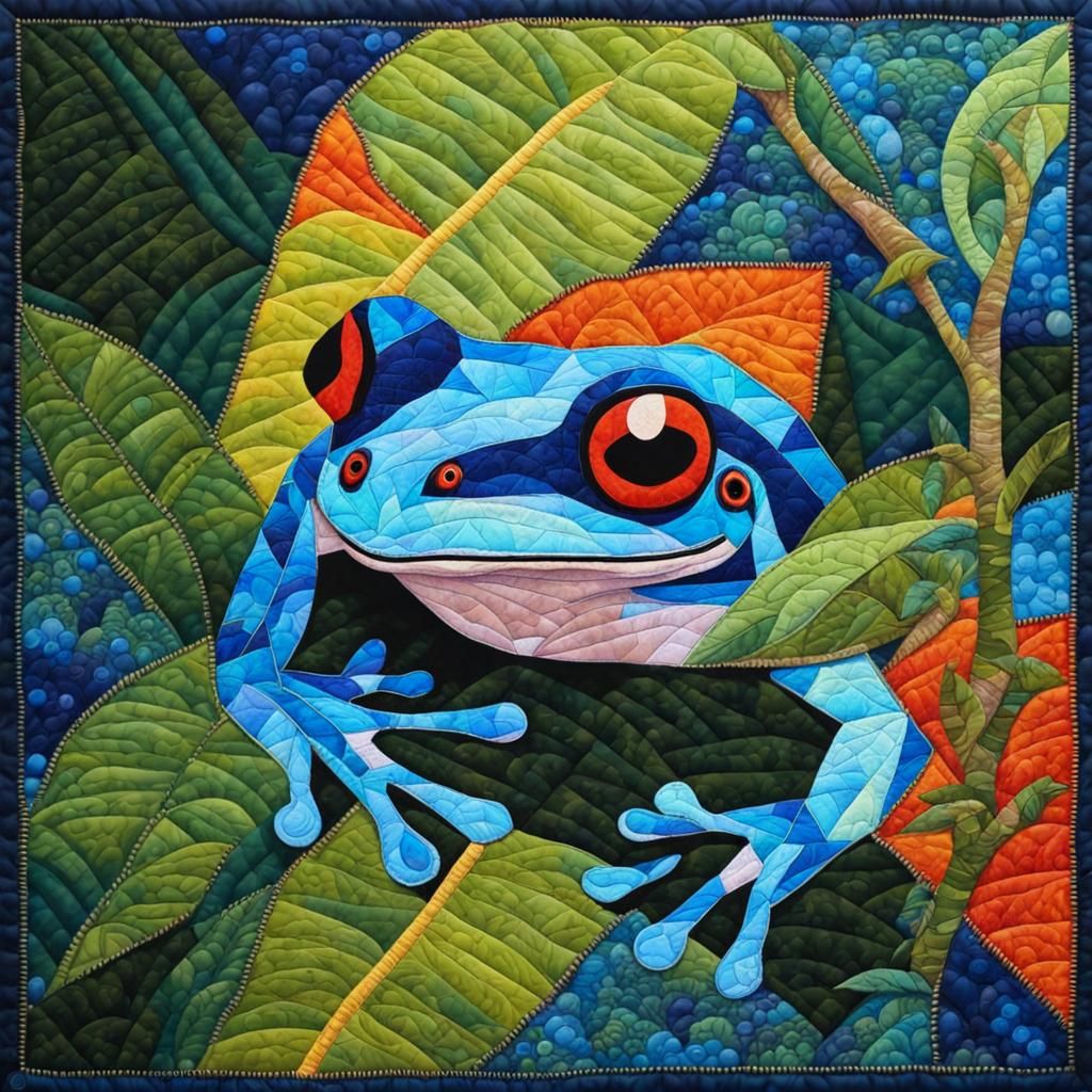 Patchwork Quilt Portrait of a Blue Frog