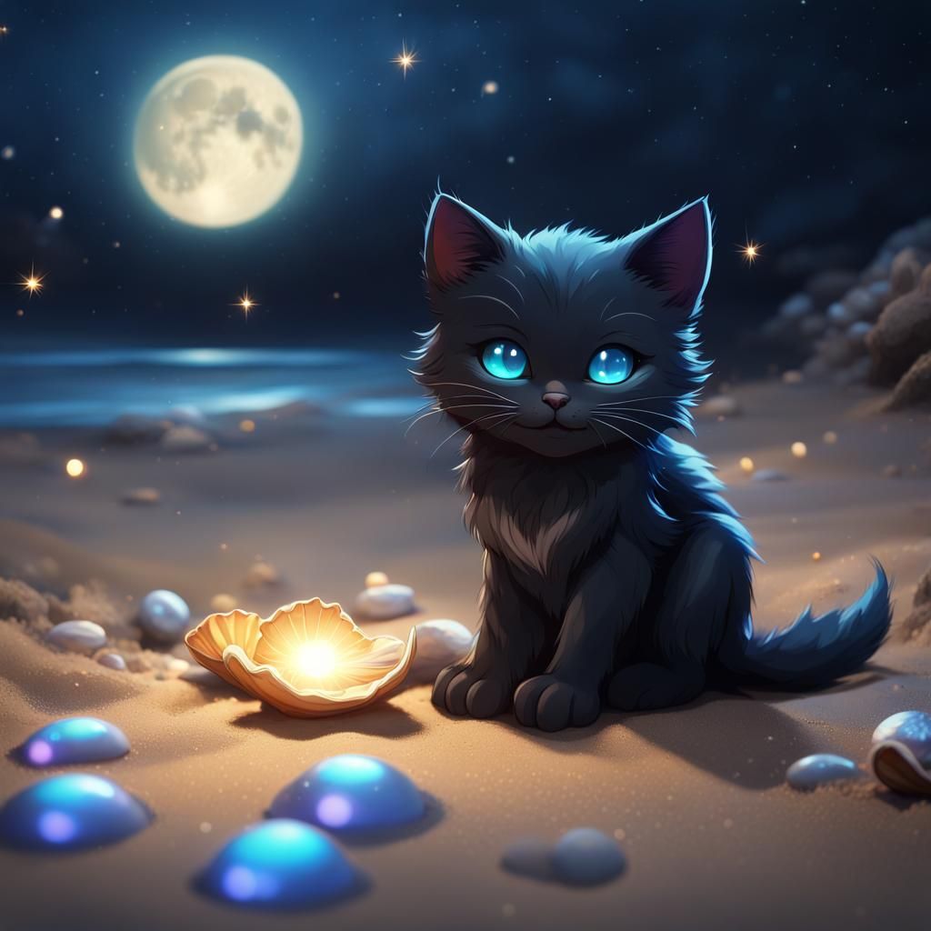 Chibi Black Cat on Beach Under Moonlit Sky
