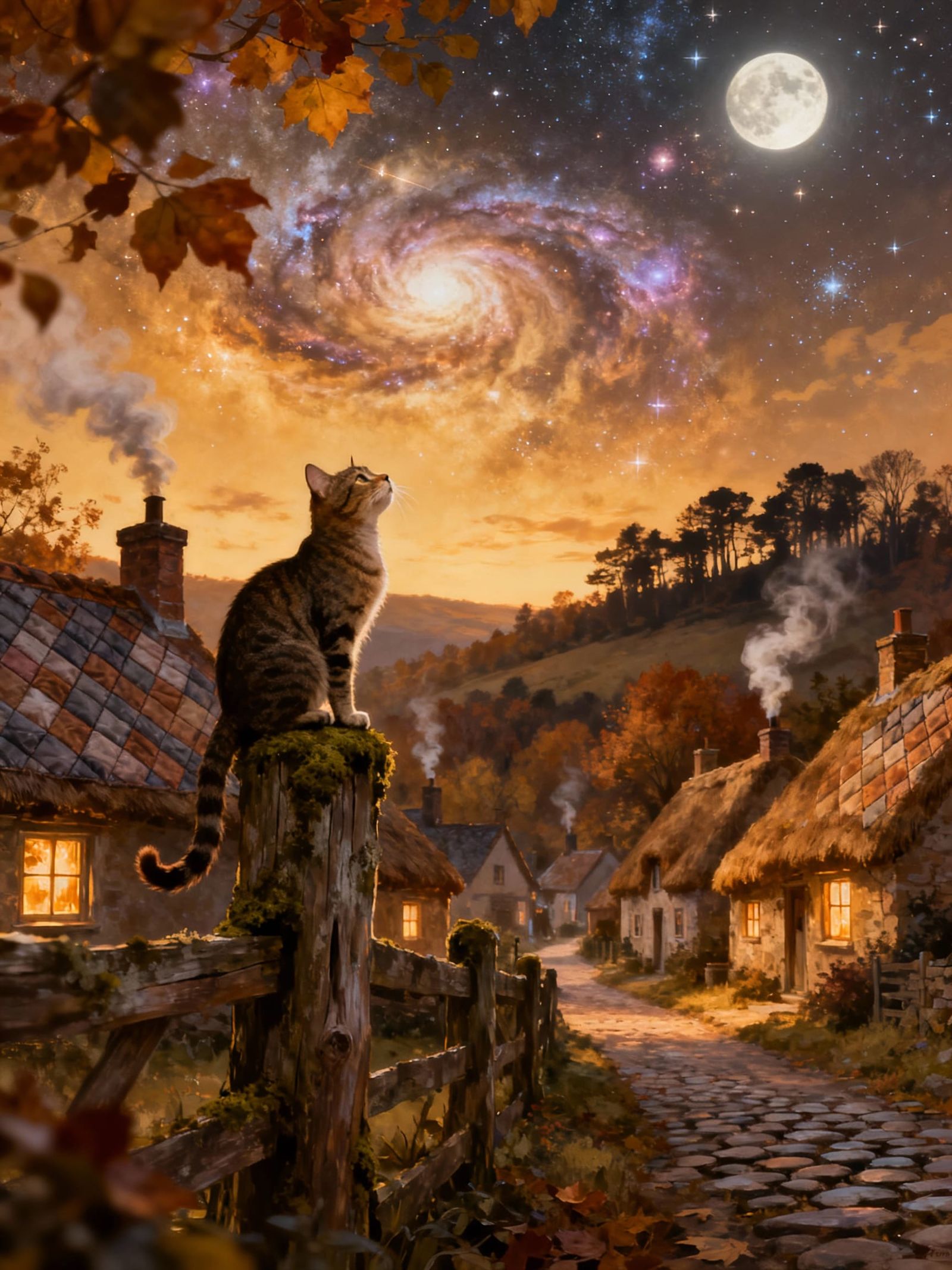 Autumn Village Moonrise in Golden Hour Light