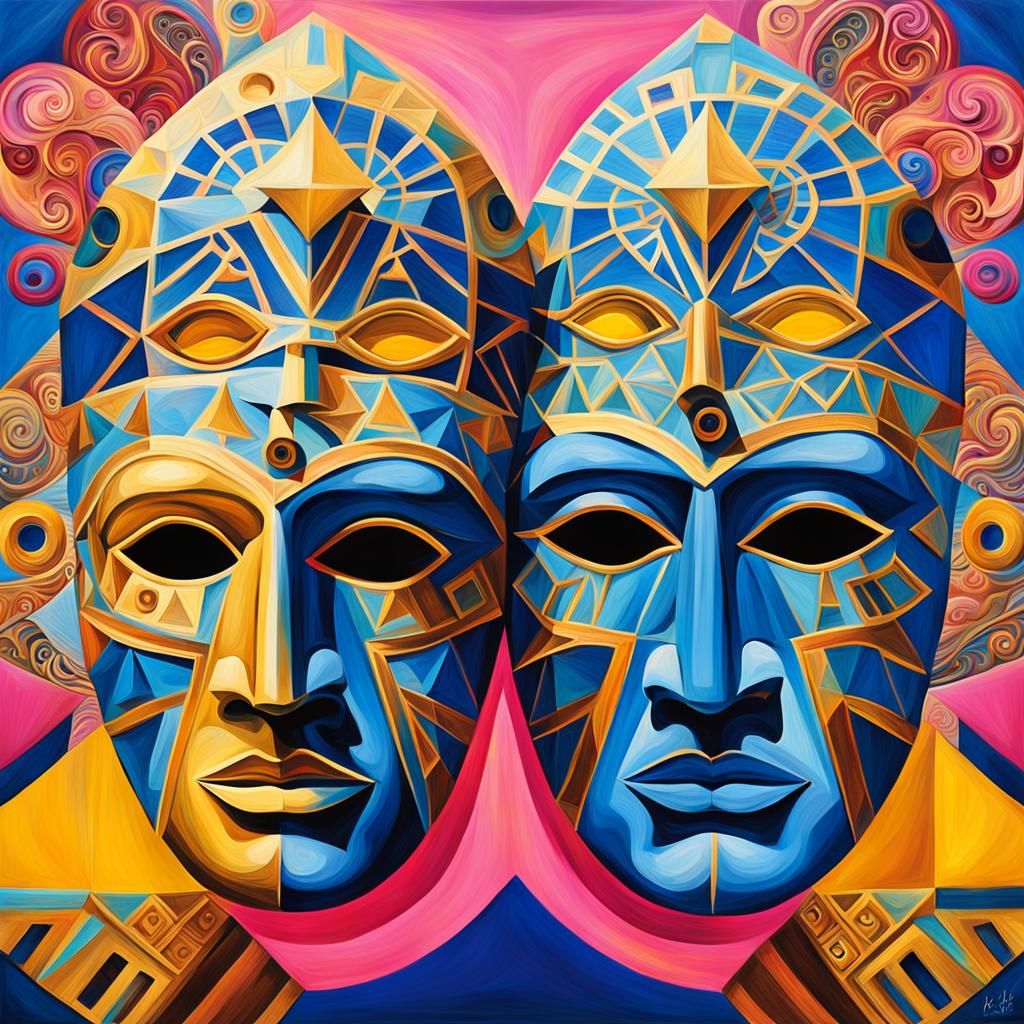 Surreal Double Portrait with Greek Patterns in Cubist Style