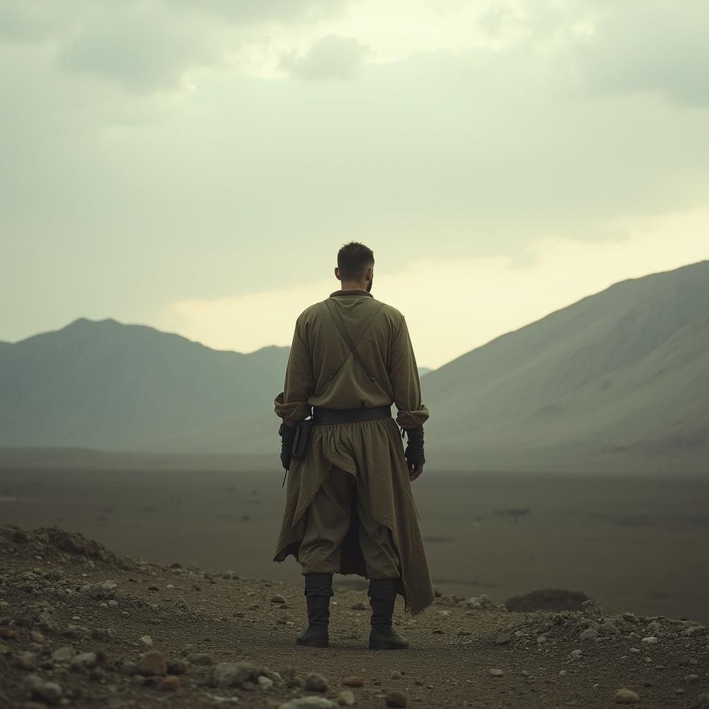 Lone Man in Desolate Landscape: Cinematic Film Still