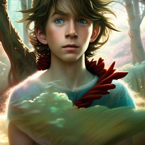 Peter Pan in Enchanted Forest, Hyperrealistic Portrait