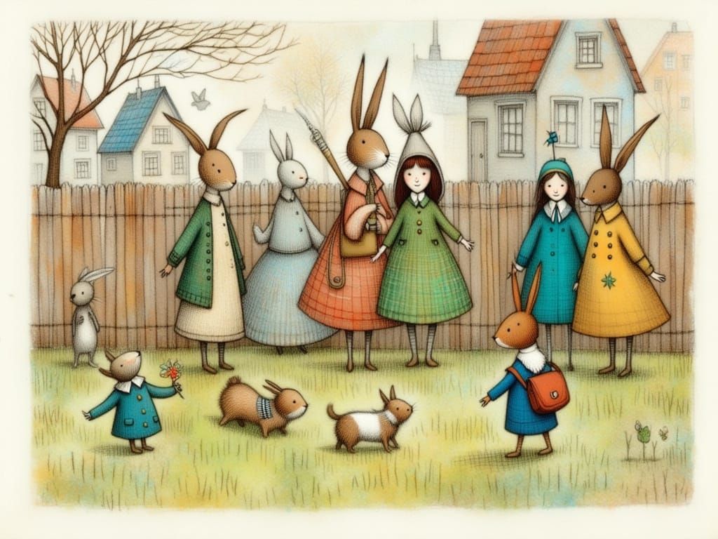 Whimsical School of Rabbits in a Dreamlike Landscape