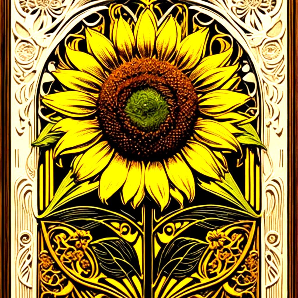 Abstract Sunflower Linocut in Art Nouveau Style