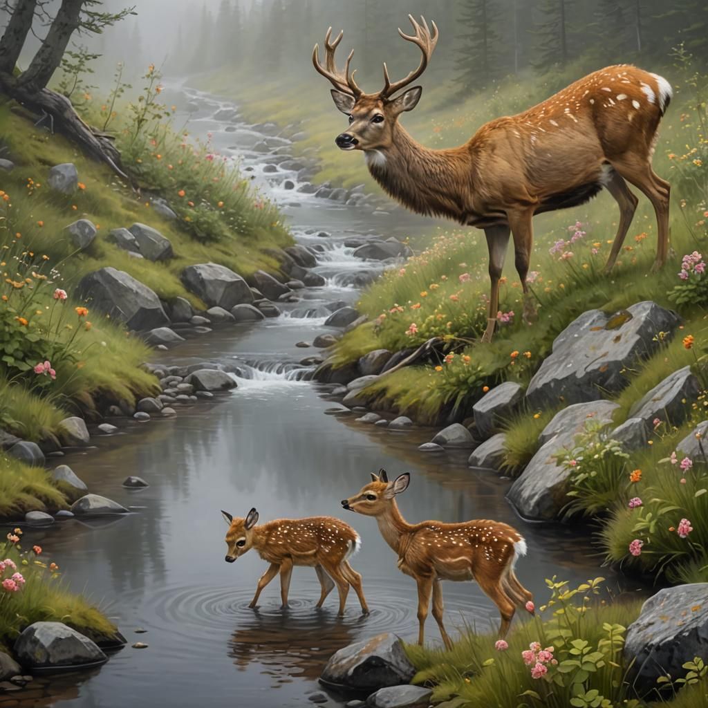 Deer and Fawn at Mountain Stream in Fog