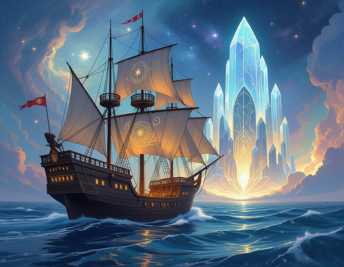 Moonlit Ship Navigates Cosmic Sea Towards Crystalline Librar...