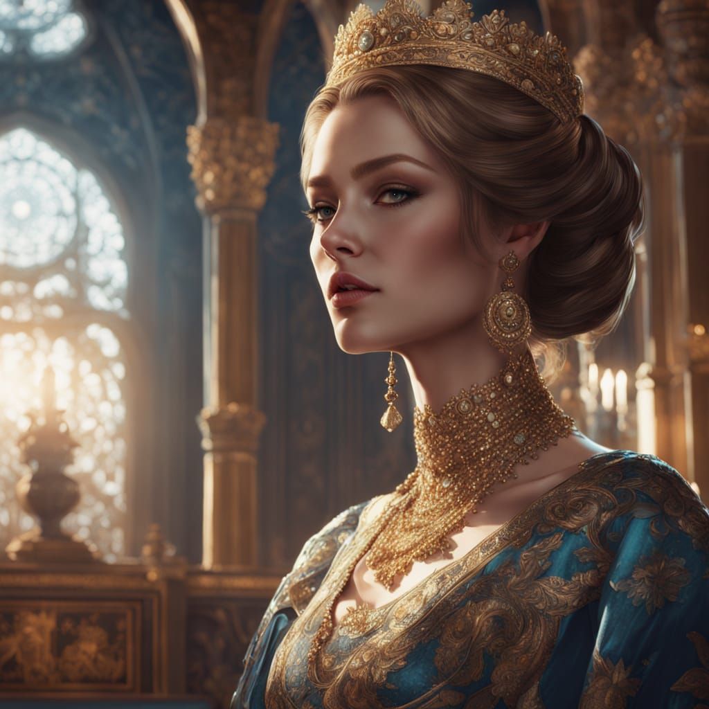 Russian Queen in Shimmering Dress, Realistic Anime Style