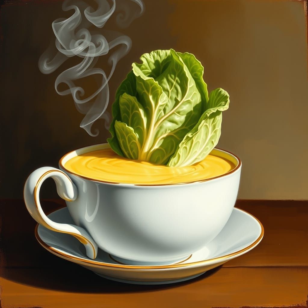 Vibrant Green Cabbage in Golden Custard, in the Style of Dut...